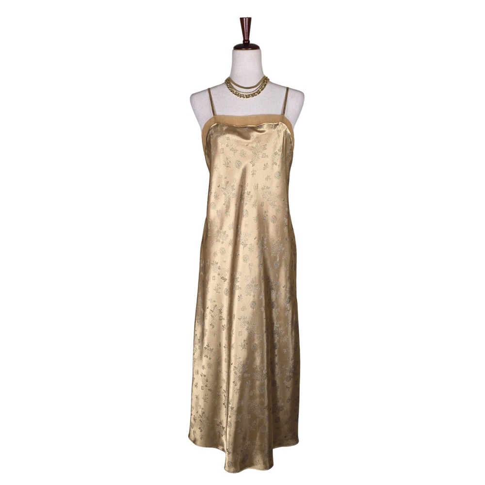 Vintage Y2K Slip Dress SZ M/L Gold Satin Asian Prom Fairy Floral Jacquard Whismy - Picture 3 of 16